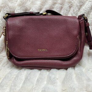 EUC Fossil Preston Leather Expandable Flap Crossbody Bag - Cabernet